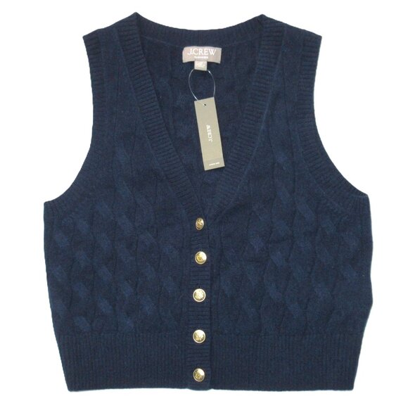 NWT J.Crew Cashmere Cropped Cable-Knit Sweater-Vest in Navy Blue XS